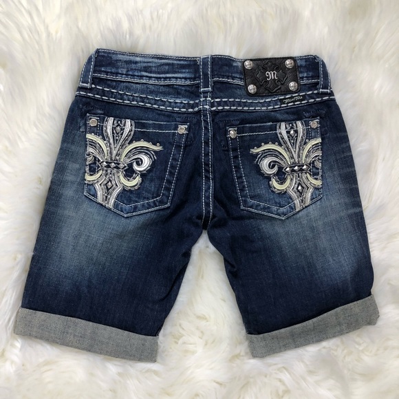 Miss Me Pants - Miss Me Fleur De Lis Bling Bermuda Jean Shorts